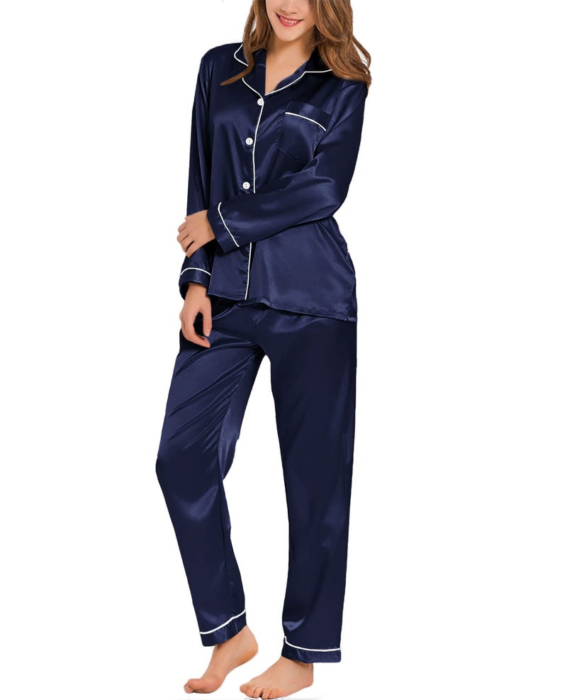 SWOMOG Womens Silk Satin Pajamas Long Sleeve Loungewear Two-Piece Sleepwear Button-Down Pj Set Deep Navy Blue - Image 1